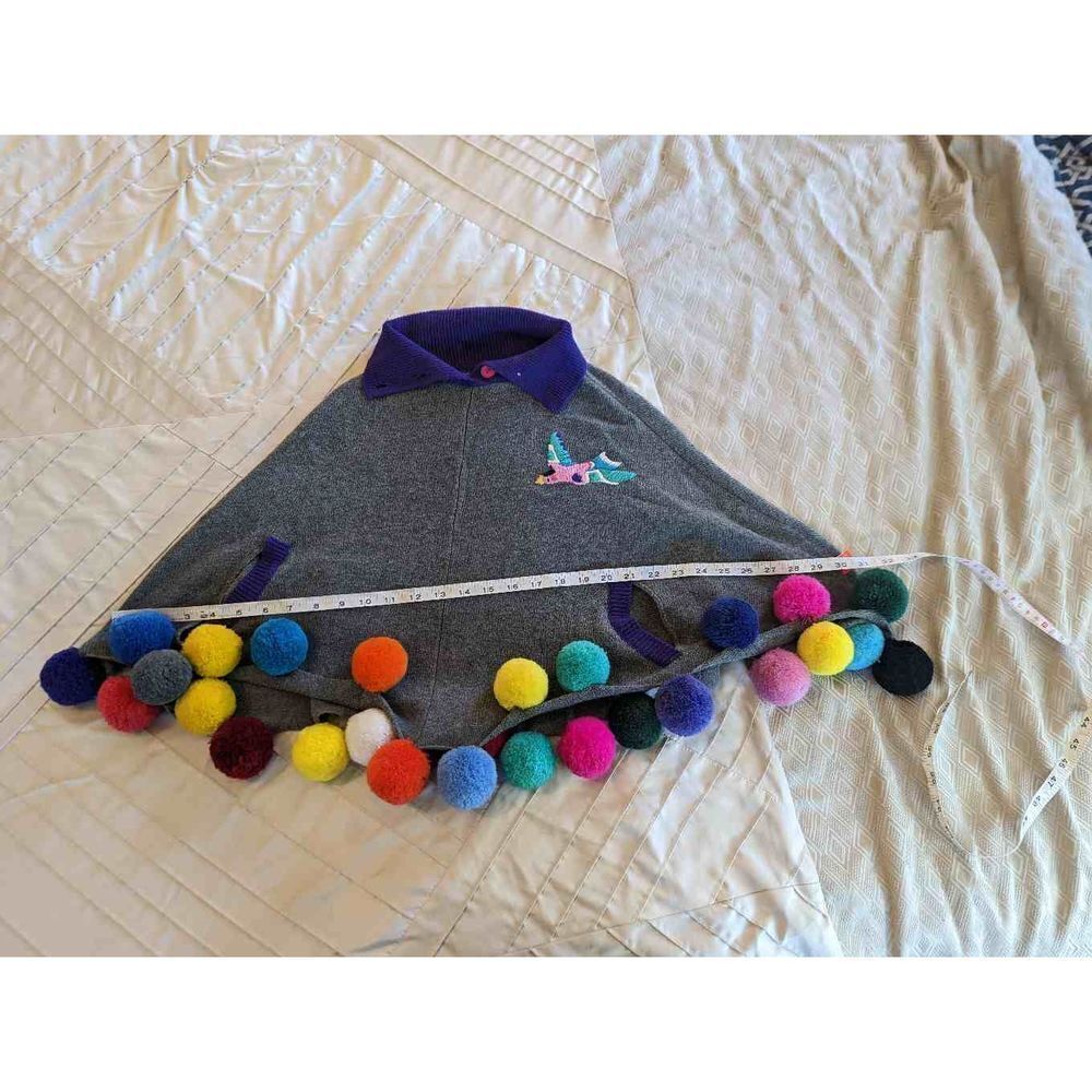 LOUIE Louis grey multicolored pom pom bird embroidered collared poncho wool x - Picture 2 of 12